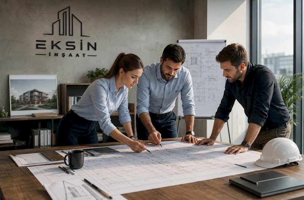 Eksin İnşaat iletişim sayfasında profesyonel mühendis ekibi proje planlaması yaparken.
